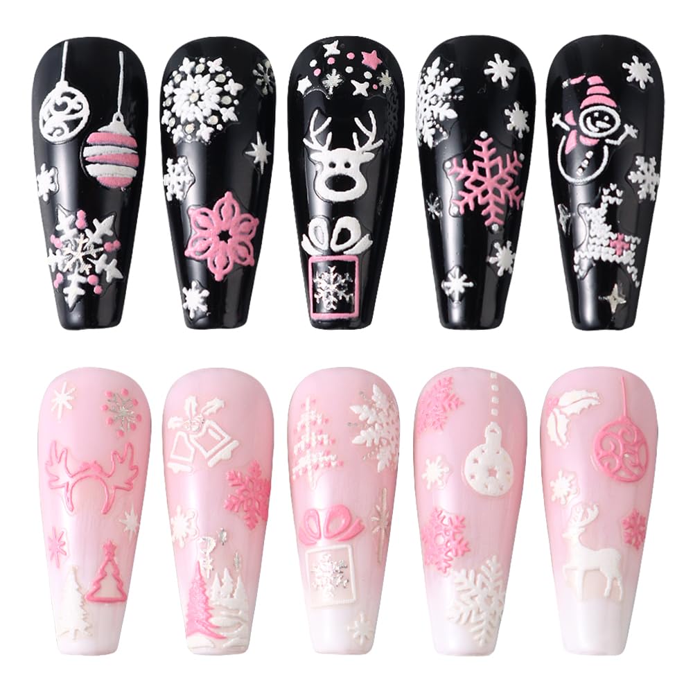 Christmas Nail Art Stickers, 8Sheets 5D Embossed Snowflake Nail Decals Pink White Snowflake Bell Elk Snowmen Xmas Tree Winter Nail Design DIY