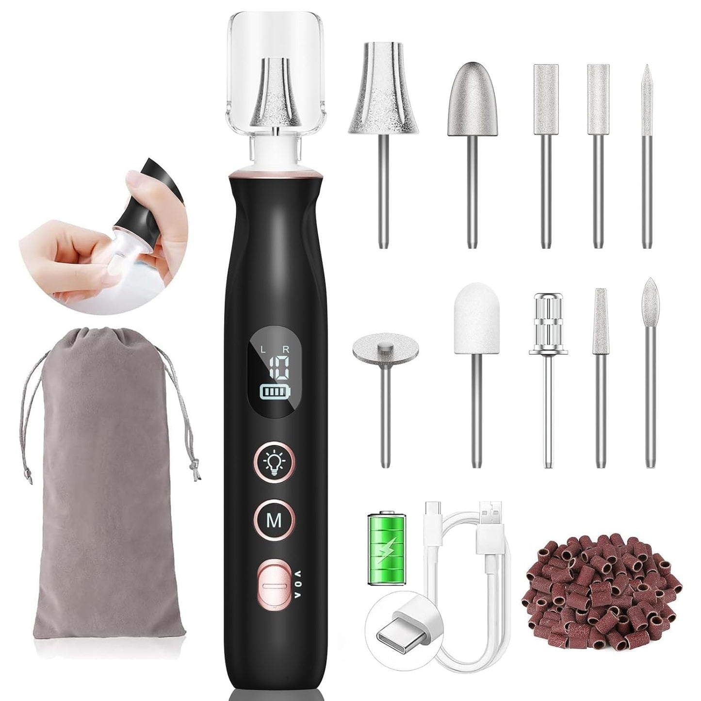 HSKAI Electric Nail File Drill, Cordless Toe Nail Grinder for Thick Toenails & Callus, 10-Speed 2000mAh Rechargeable Nail Filer, 50Pcs Manicure Beauty and Personal Care HSKAI