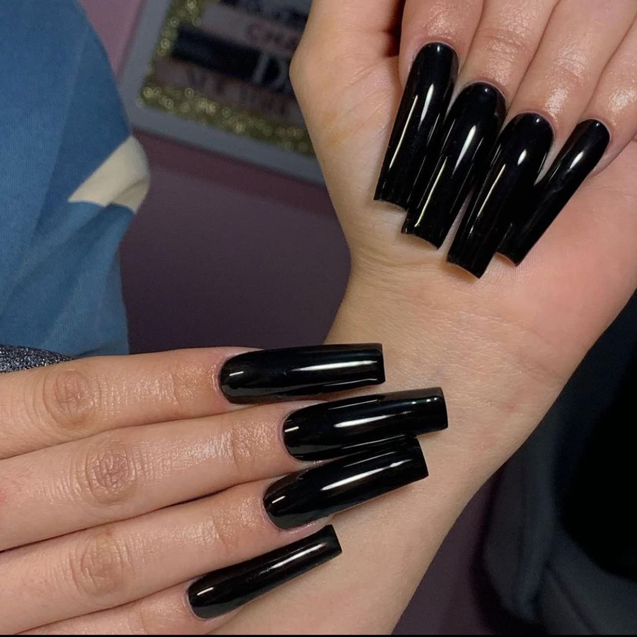 IMSOHOT 24Pcs Square Press on Nails Extra Long Squoval False Nails Black Fake Nails Full Cover Solid Color Acrylic Nails for Women