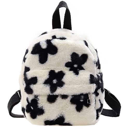 AnsenSUN Women Faux Plush Tote Bag Backpack, Plush Backpack, Preppy Style Flowers Printing Casual Knapsack, Mini Rucksacks Black and White…