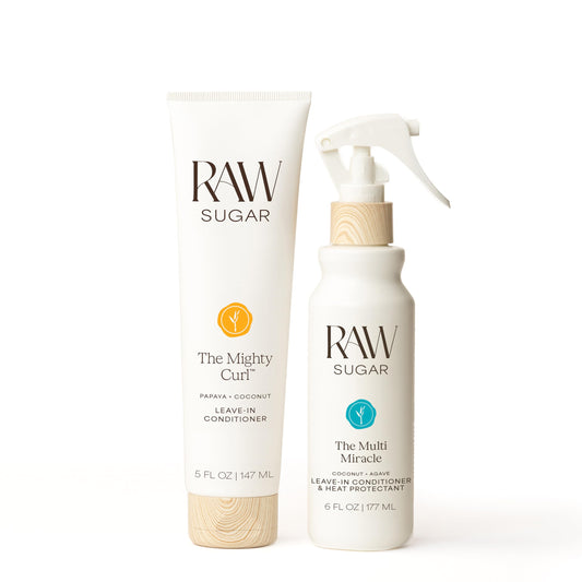 Raw Sugar Leave In Conditioner Duo, The Multi Miracle Hair Mist & The Mighty Curl Cream (2 Products) Heat Protectant, Hydration and Frizz Control