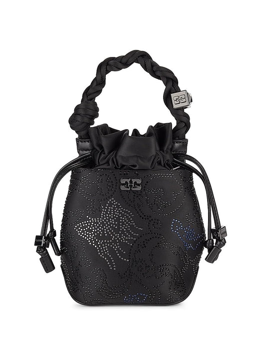 Ganni, Flower Crystal Mini Bou Bucket Bag, Black