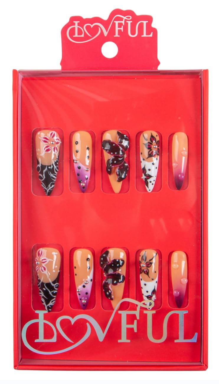 LOVFUL Press on Nails Handmade with Full Covered Crystals Reusable Fake Nails Stiletto Classic Regular 1.3 in Twilight Petals S Beauty & Personal Care Lovful
