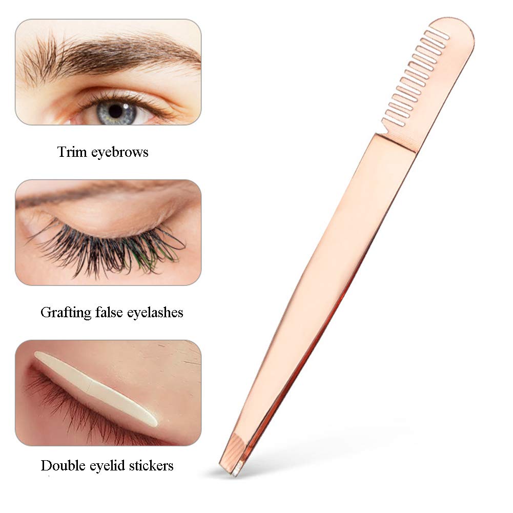 2 Pieces Multifunctional Eyebrow Tweezers with Eyebrow Comb False Eyelashes Applicator Tool Makeup Grooming Tool for Eyebrows or Facial Hair(Rose