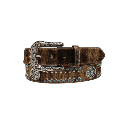 M & F Western Women's And Calf Hair Concho Studded Belt Brown