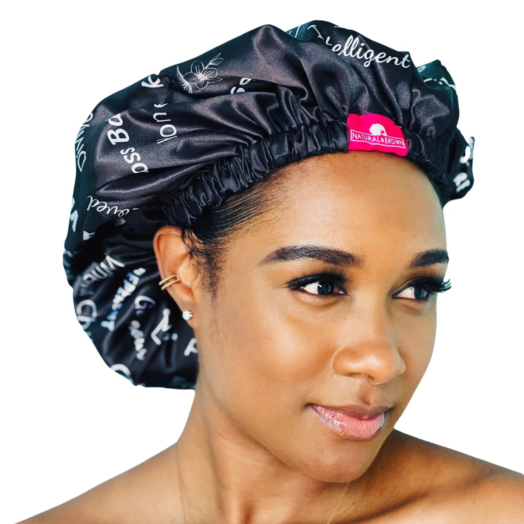 Shower Cap - Extra Large, Black, Satin lined inside, Reversible bonnet, Waterproof outer layer, Adjustable Elastic Strap, Reusable, Washable, Positive