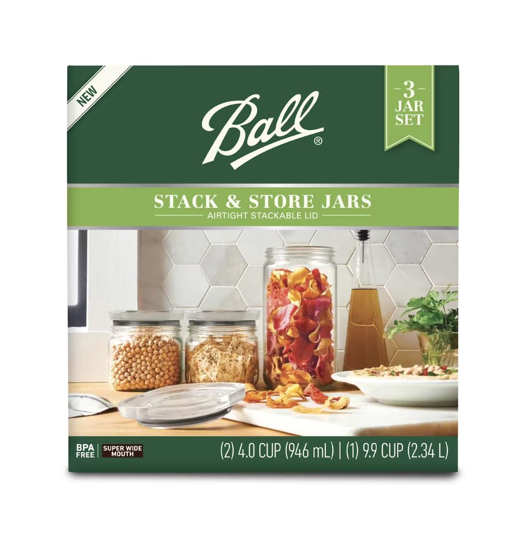 Ball 3 Jar Set, Stack & Store Jars with Airtight Stackable Lid, (2) 4 Cup and (1) 9.9 Cup