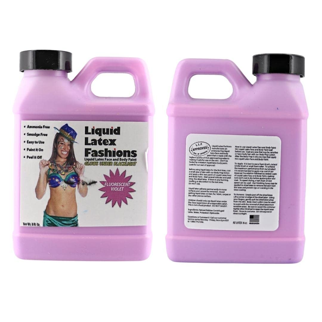 Fluorescent Violet 8 Oz - Liquid Latex Face and Body Paint, Black Light UV Reactive GLOW, Ammonia Free, Perfect for Halloween Costume, Cosplay