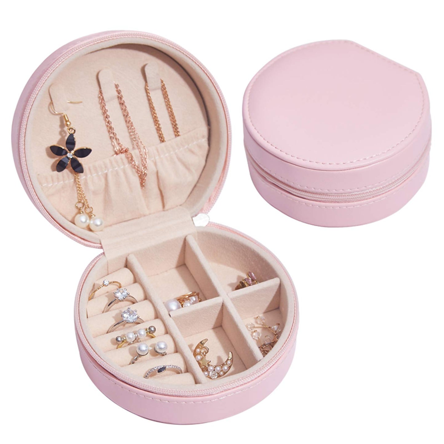 LETLIT Travel Jewelry Organizer, Small Jewelry Box for Women, Round Earrings Necklace Ring Holder Case (Light Pink)