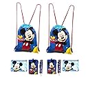 Disney Mickey and Minnie Mouse Drawstring Backpacks Plus Lanyards with Detachable Coin Purse and Autograph Books (Set of 6) (Blue - Blue)