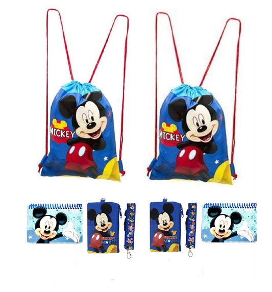 Disney Mickey and Minnie Mouse Drawstring Backpacks Plus Lanyards with Detachable Coin Purse and Autograph Books (Set of 6) (Blue - Blue)