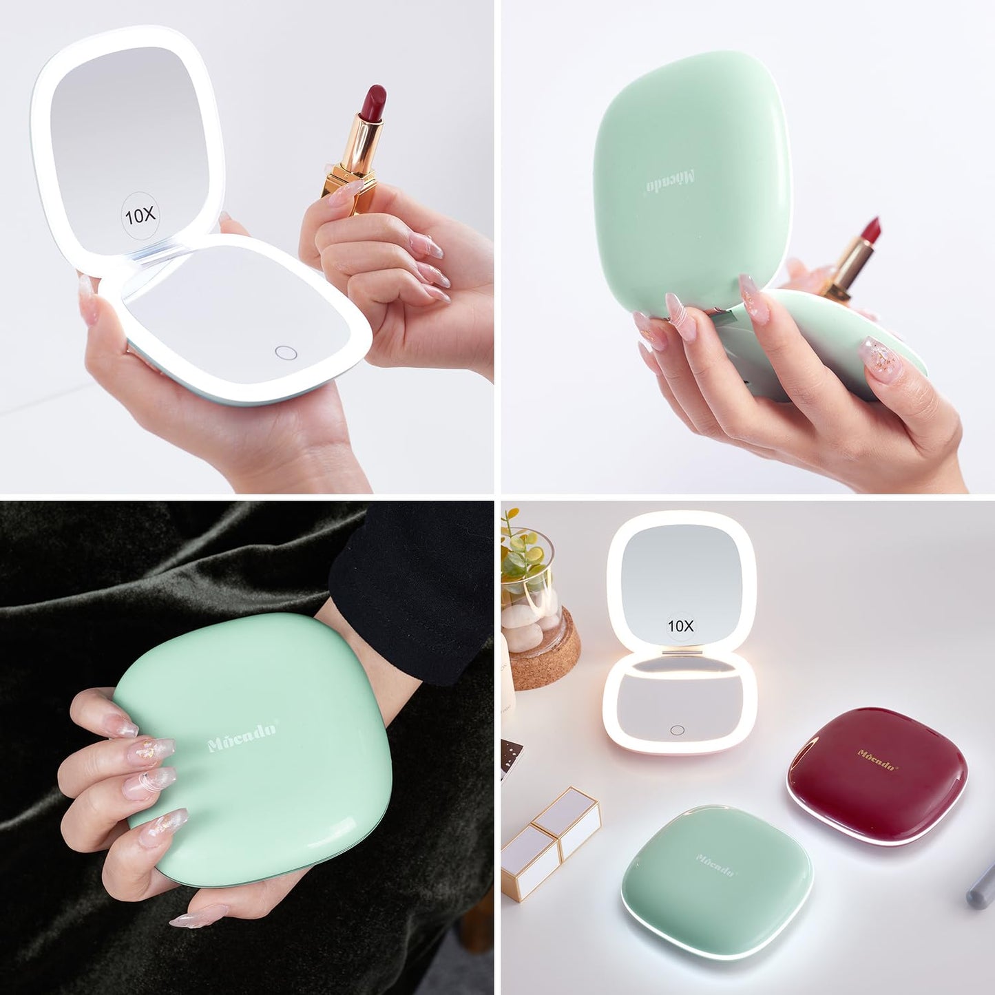 Mocado Compact LED Travel Makeup Mirror - 4 Inches 1X/10X Magnification Travel Mirror with Light Dimmable Double Sides Lighted USB Rechargeable