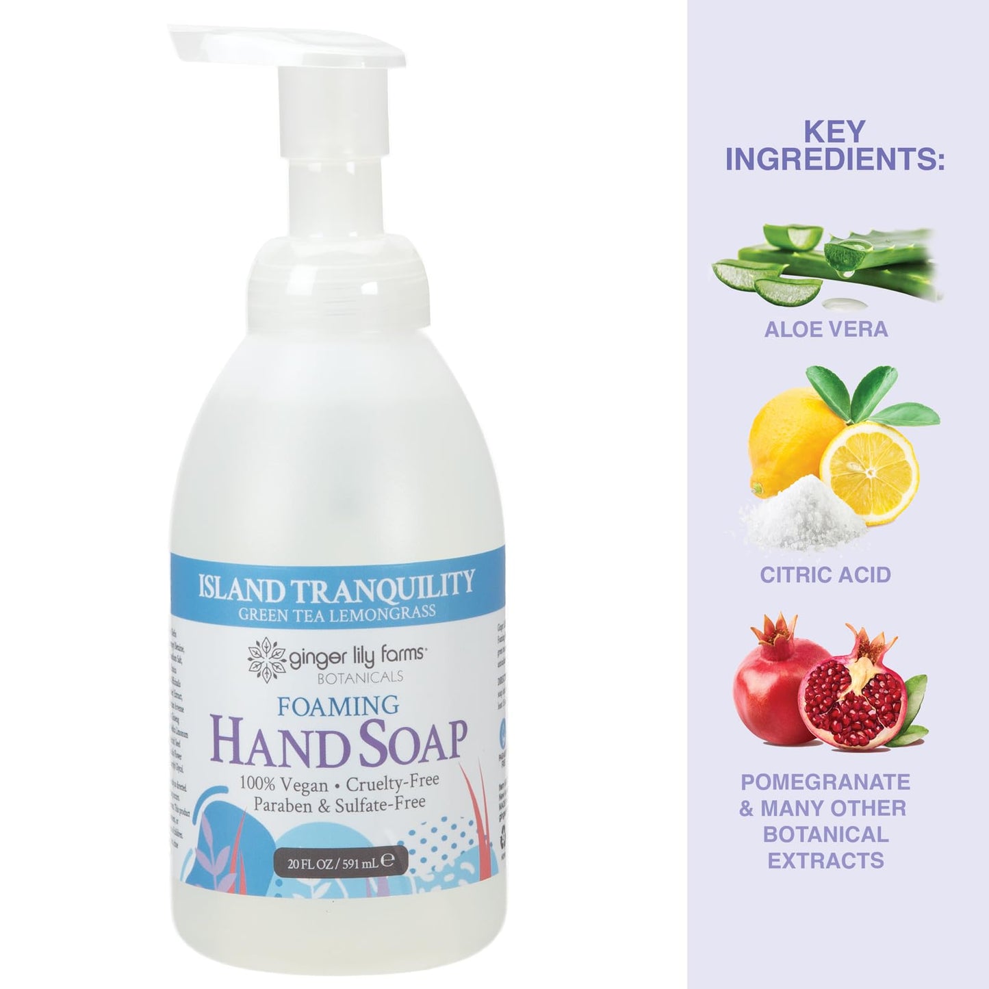 Ginger Lily Farms Botanicals All-Purpose Foaming Hand Soap Refill, Island Tranquility, 100% Vegan & Cruelty-Free, Green Tea Lemongrass Scent, 20 Fl Oz