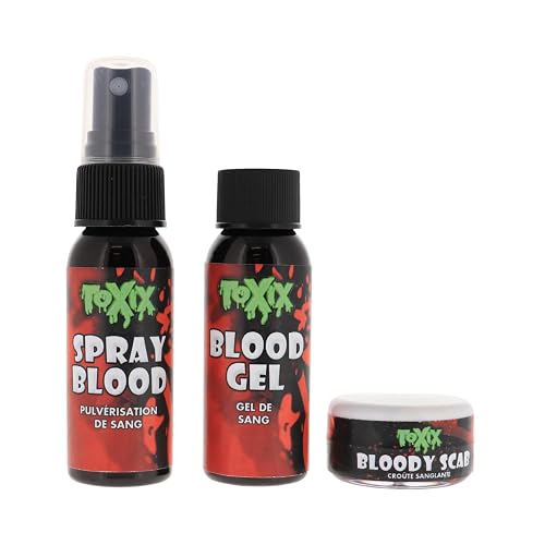 TOXIX 3PCS Halloween Fake Blood Kit- Spray Blood 1FL OZ + Blood Gel 1FL OZ + Bloody Scab 30 Grams, Washable Realistic Special FX Makeup, Zombie