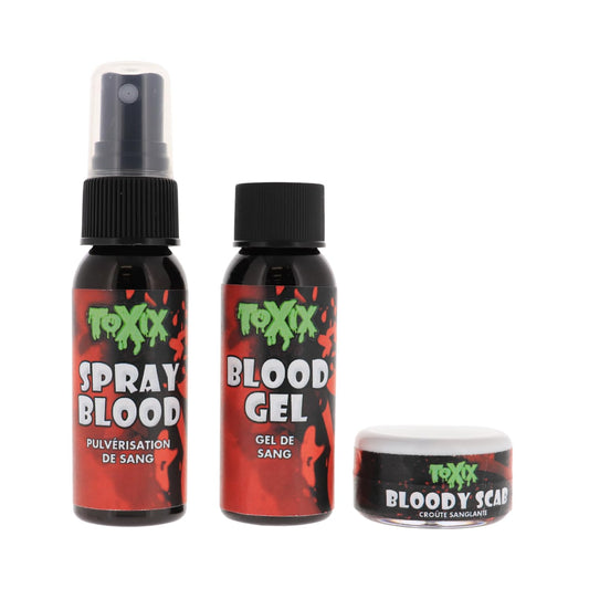TOXIX 3PCS Halloween Fake Blood Kit- Spray Blood 1FL OZ + Blood Gel 1FL OZ + Bloody Scab 30 Grams, Washable Realistic Special FX Makeup, Zombie