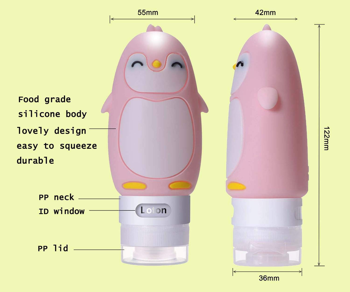 AUTENS Leakproof Silicone Travel Bottles Accessories Set,3oz (90ml) 4 Pack Refillable Cute Penguin Travel Containers for Shampoo,Lotion Sunscreen ect.