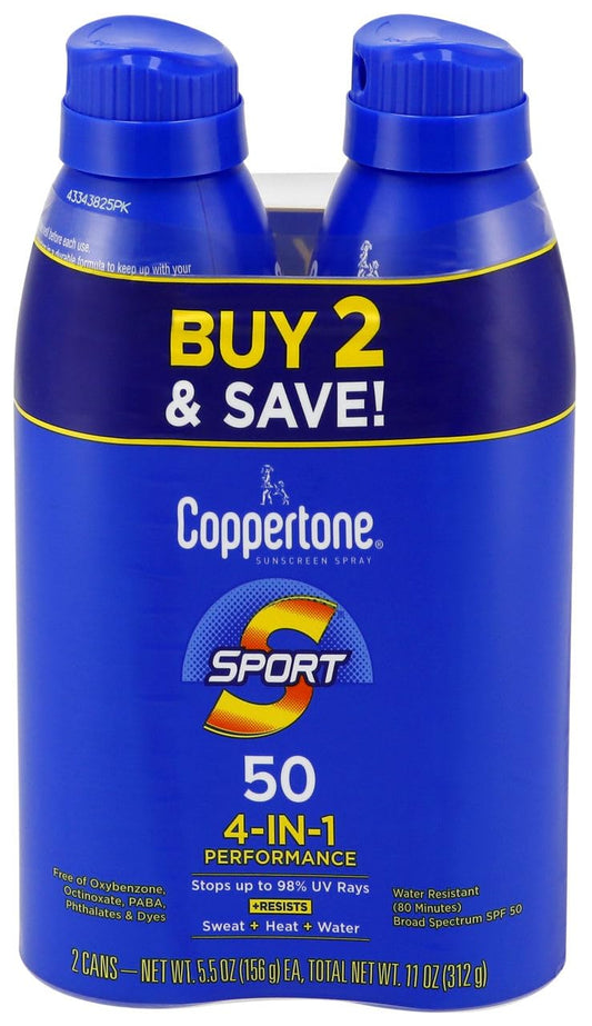 Coppertone, Sport 4-In-1 Performance Spf 50 Sunscreen Spray Twin Pack, 2 Pack