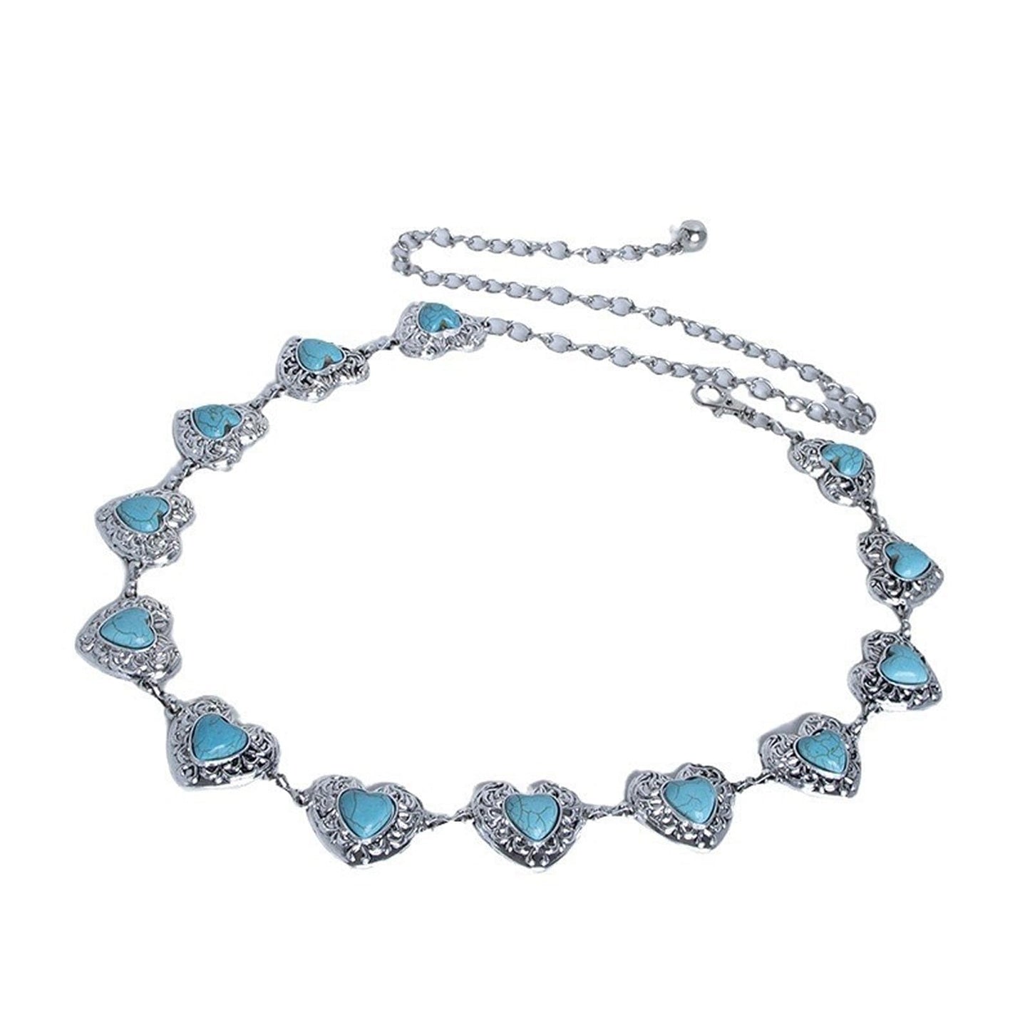 Lomehue Women Boho Waist Chain Green Turquoise Cowgirl Metal Heart Chain Belt for Dresses Jeans Vintage Cowboy Accessories (Silver)