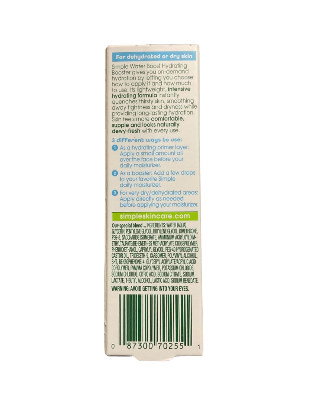 Simple Water Boost Hydrating Booster, Dry Sensitive Skin, 0.85 fl oz (Pack of 2)