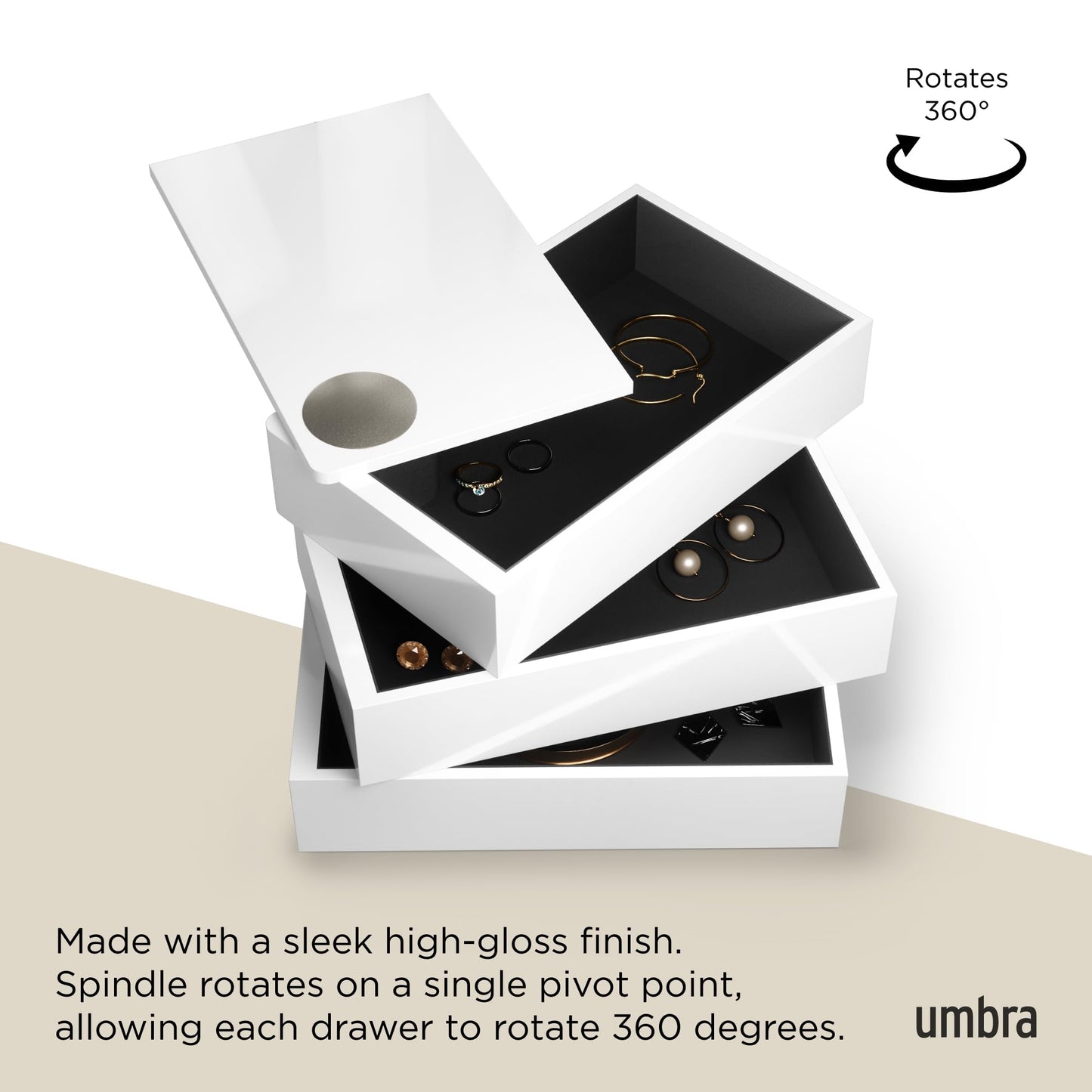 Umbra Spindle Jewlery Box, Stacked Jewelry Box with Three Compartments, High-gloss Finish, White