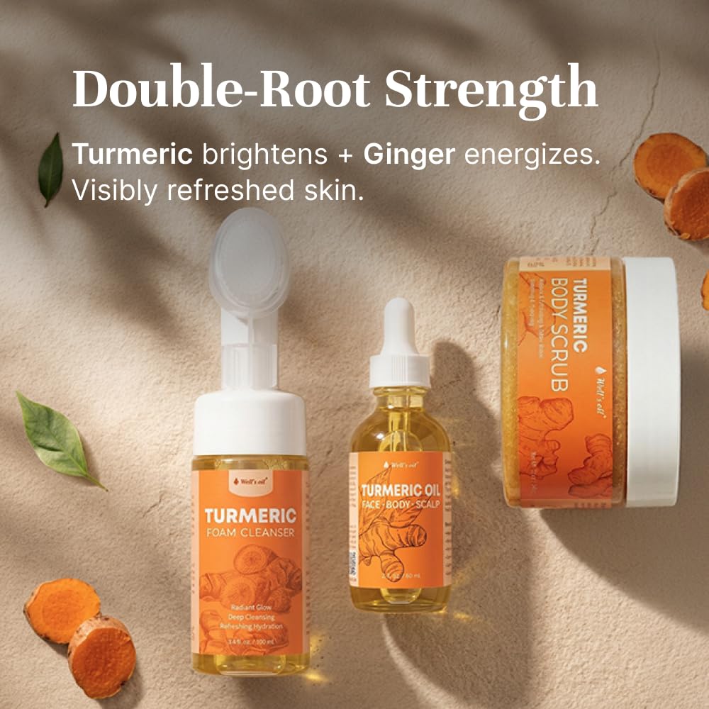 Well's Oil Turmeric Foam Cleanser with Brush | Gentle Foaming Face Wash | Daily Cleanser for All Skin Types | 3.4 fl oz