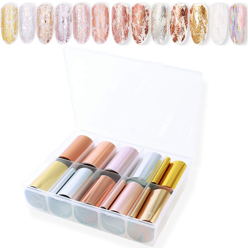 SILPECWEE 10 Rolls Gold Rose Gold Flakes Metallic Nail Transfer Foils - Nail Art Stickers & Design Stickers - 1.57inches39.4inches