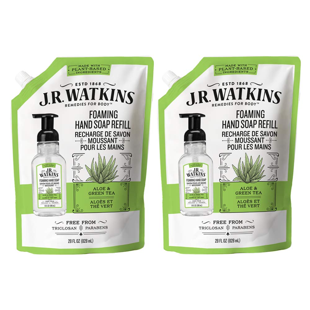 J.R. Watkins Foaming Hand Soap Refill Pouch, Scented Foam Handsoap for Bathroom or Kitchen, USA Made and Cruelty Free, 28 fl oz, Aloe & Green Tea, 2