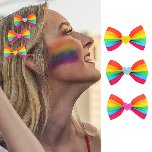 Jeairts Rainbow Bow Clips Colorful Pride Day Hair Pins Cute Bow-knot Lgbtq Hair Accessories for Women(3 IN 1)
