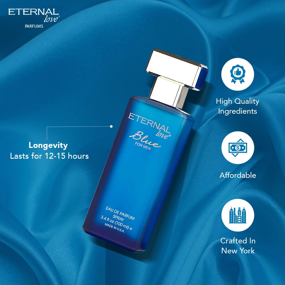 Eternal Love Blue for Men - Long Lasting Eau de Parfum Spray - Fresh Marine Scent with Musk & Warm Woods- Light and Breezy Fragrance - 3.4oz