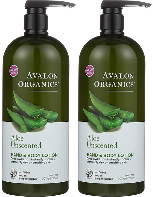 Avalon Organics Hand & Body Lotion, Aloe Unscented, 32 Oz- Pack of 2