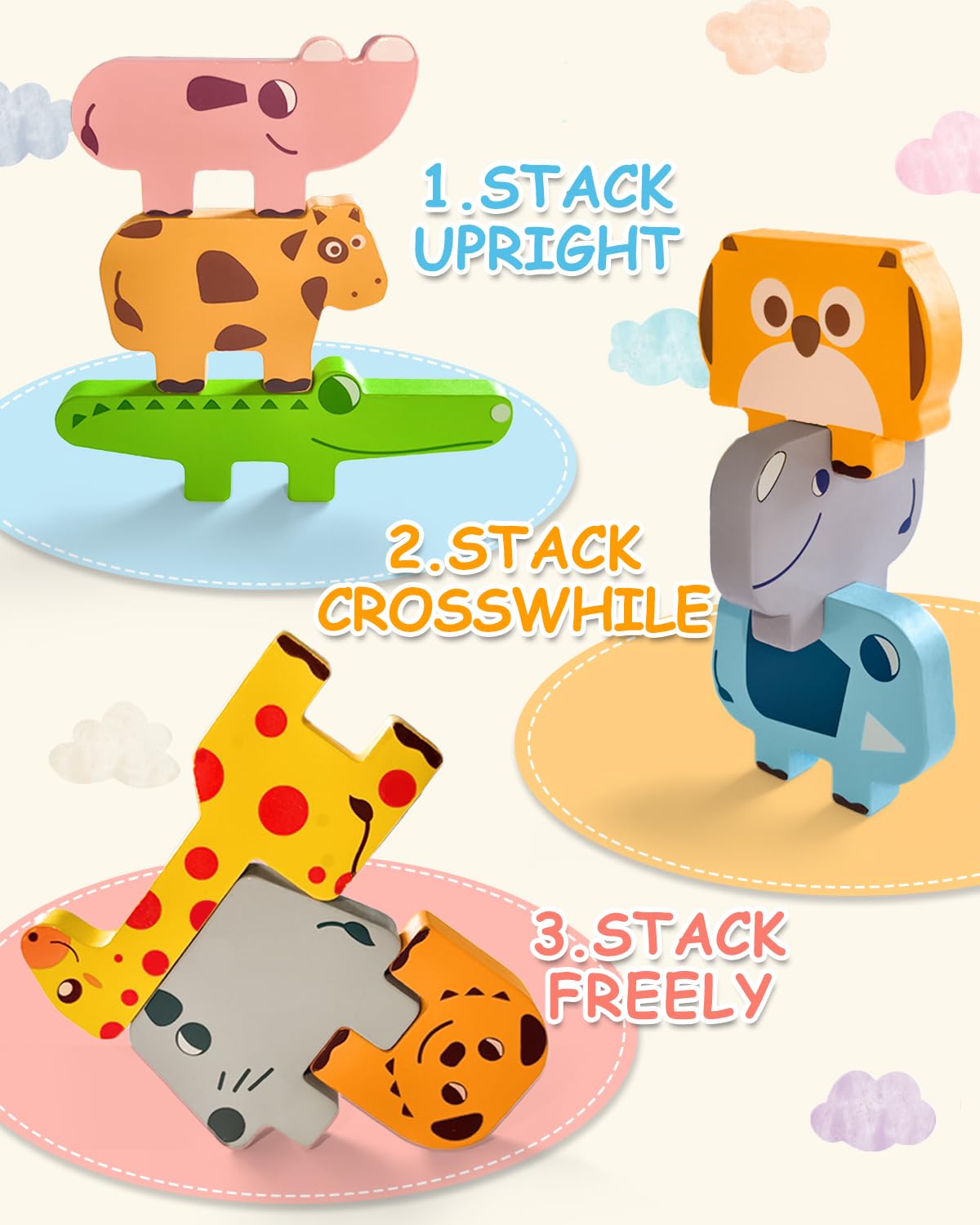 Montessori Toys 10pc Wooden Animal Blocks – Sorting & Stacking Puzzles for Toddlers Ages 1-4, Educational Birthday Gift for Boys & Girls