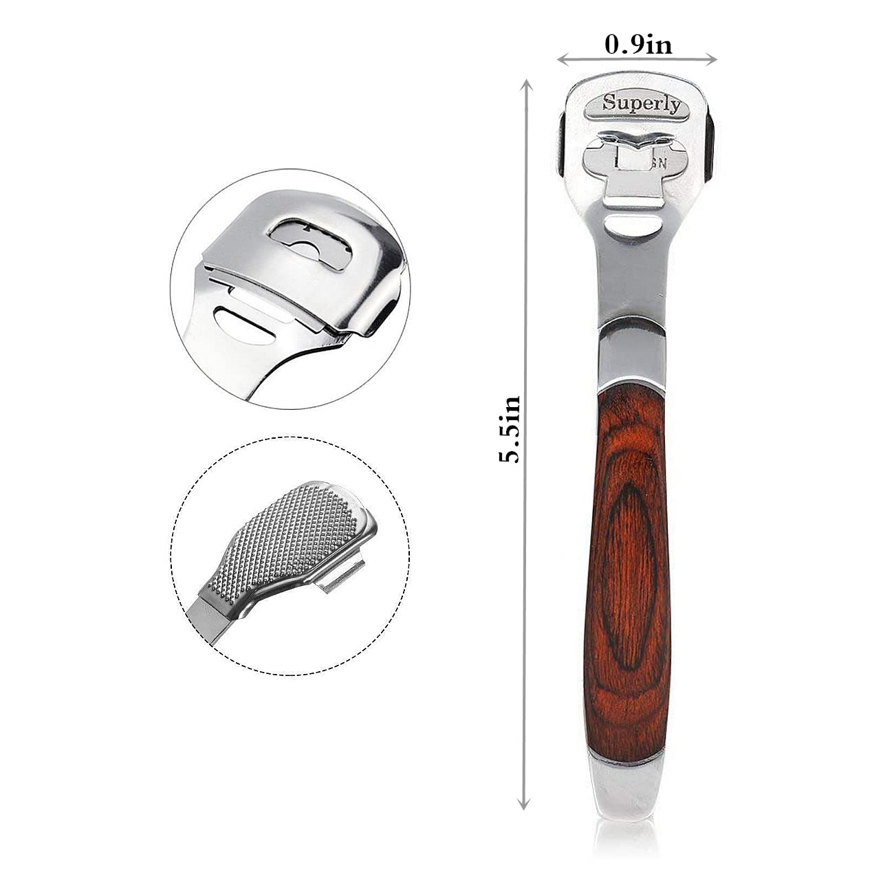 BEINY Stainless Steel Callus Shaver Pedicure Dead Hard Skin Remover Heel Razor Wooden Handle Cutter with Skin Rub & 10 Blades for Foot Care, Removing