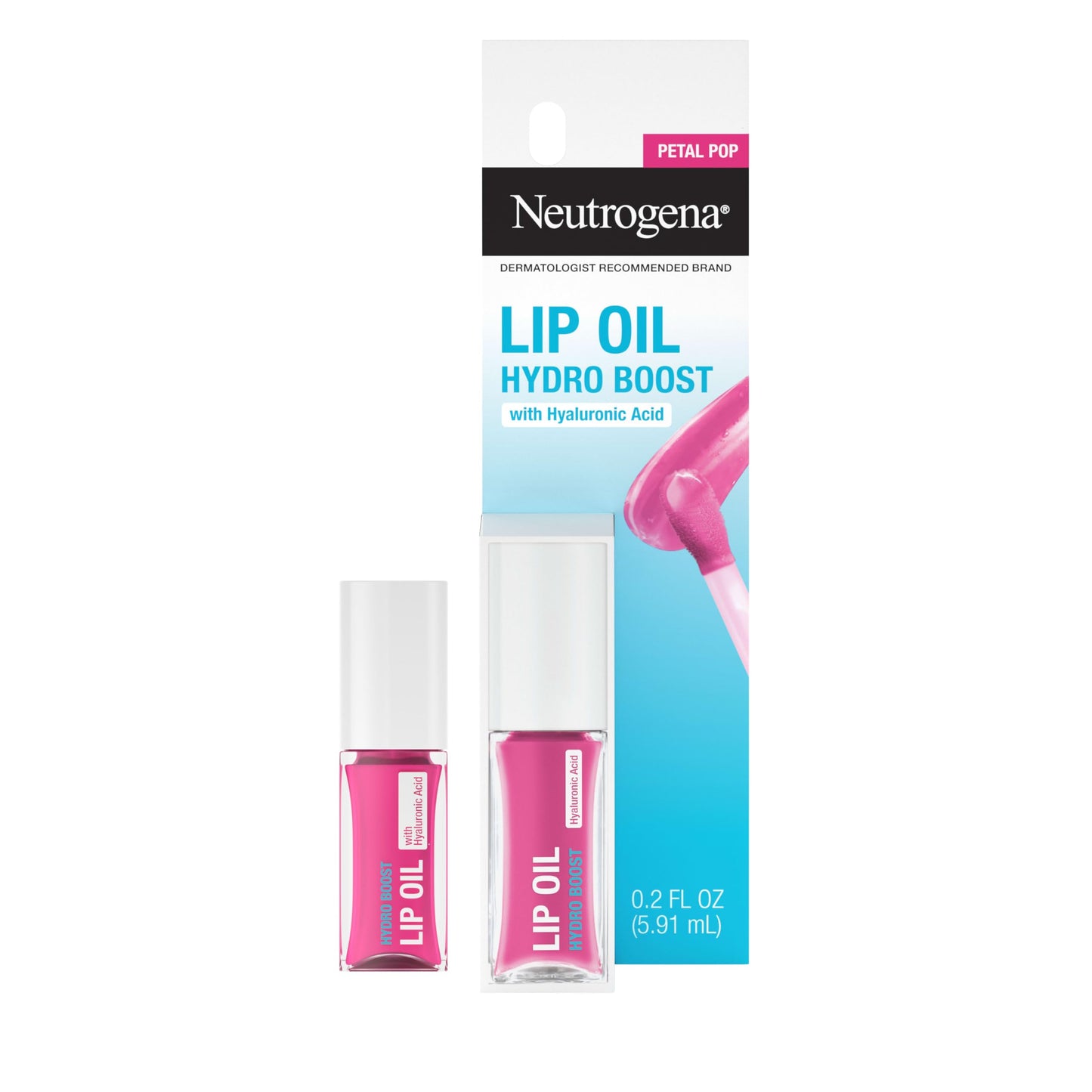 Neutrogena Hydro Boost Tinted Lip Oil with Hyaluronic Acid, Hydrating and Nourishing Lip Oil for Fuller Looking Lips, Petal Pop, .2 fl. Oz
