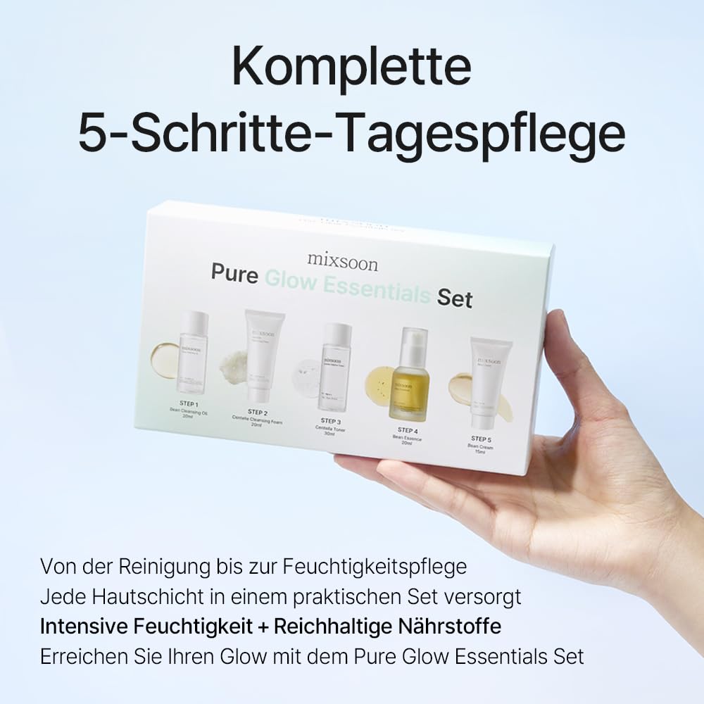 mixsoon Pure Glow Essentials Set - 5-Step Skincare Kit - Travel kit, Travel size kit, Hydrating Skincare Gift Set (15ml*1+20ml*3+30ml*1) Korean Glass Beauty and Personal Care mixsoon