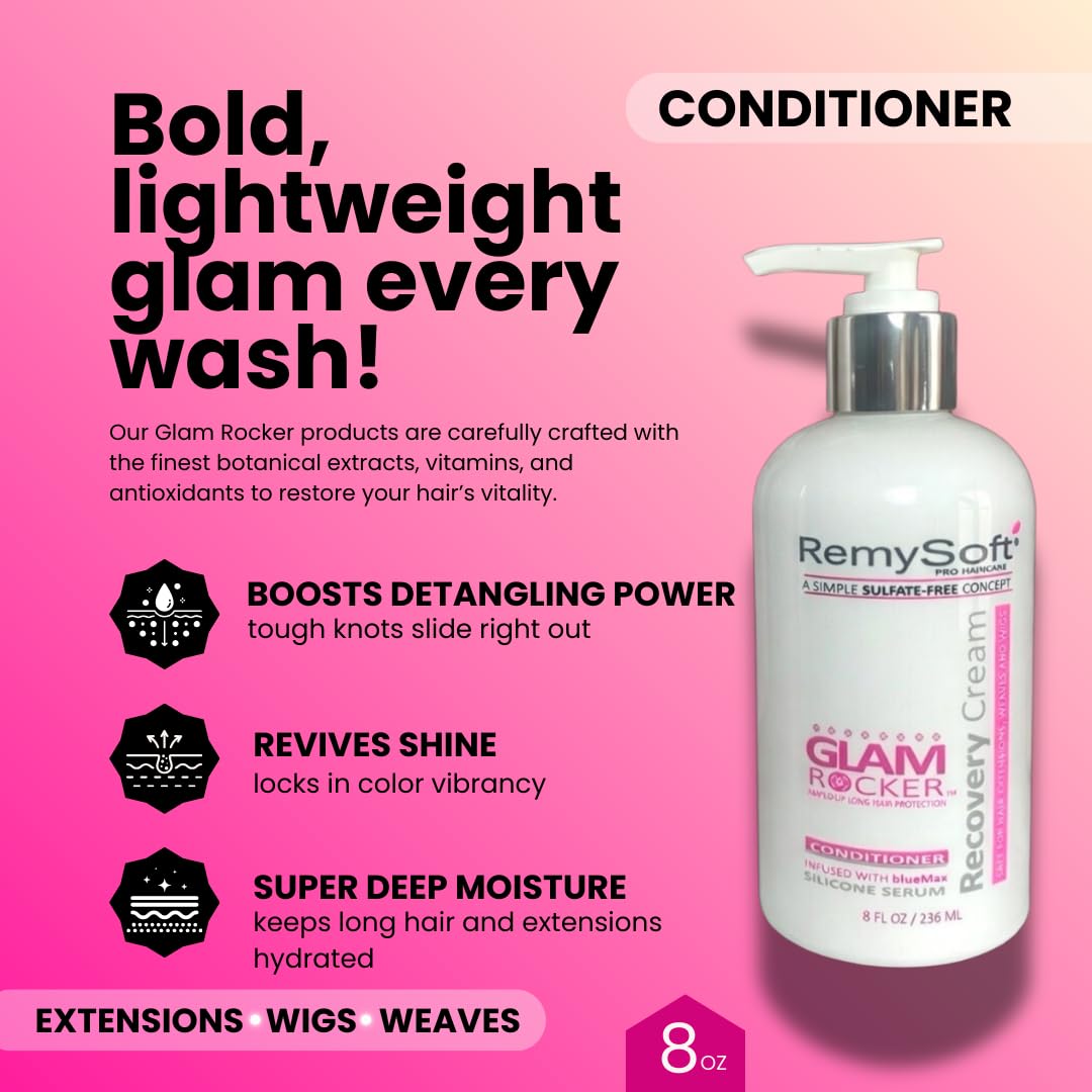 RemySoft Glam Rocker Hydrating Cleanser & Recovery Cream Duo - Safe for Hair Extensions, Weaves and Wigs - Salon Formula Shampoo and Conditioner Combo