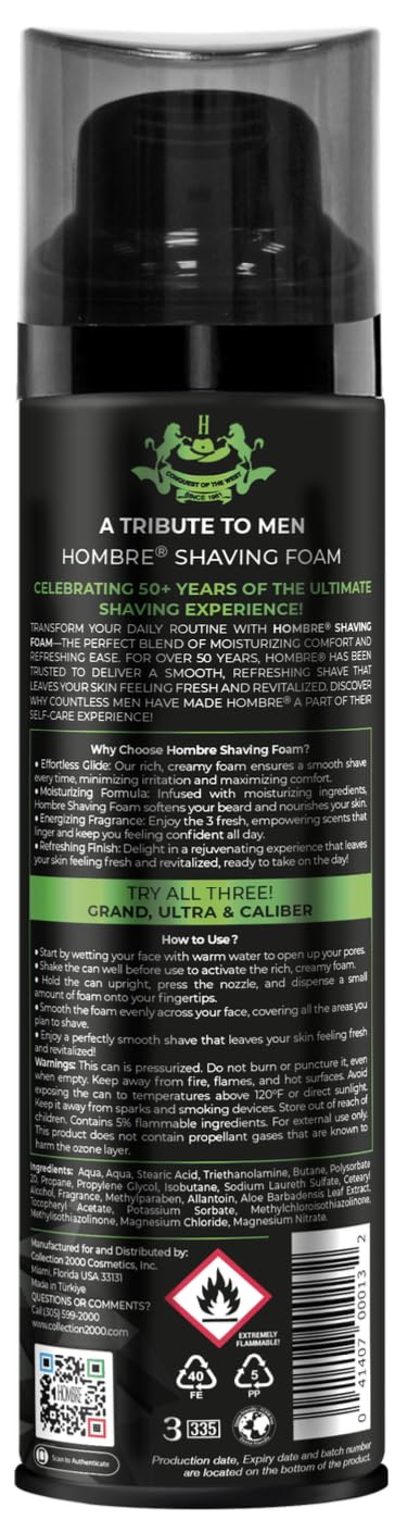 HOMBRE Caliber Shave Foam for Men - Fougère Marine Woody Scent - Intense Masculine Finish - Aluminum-Free Formula 200 ml (Pack of 1) Beauty and Personal Care HOMBRE