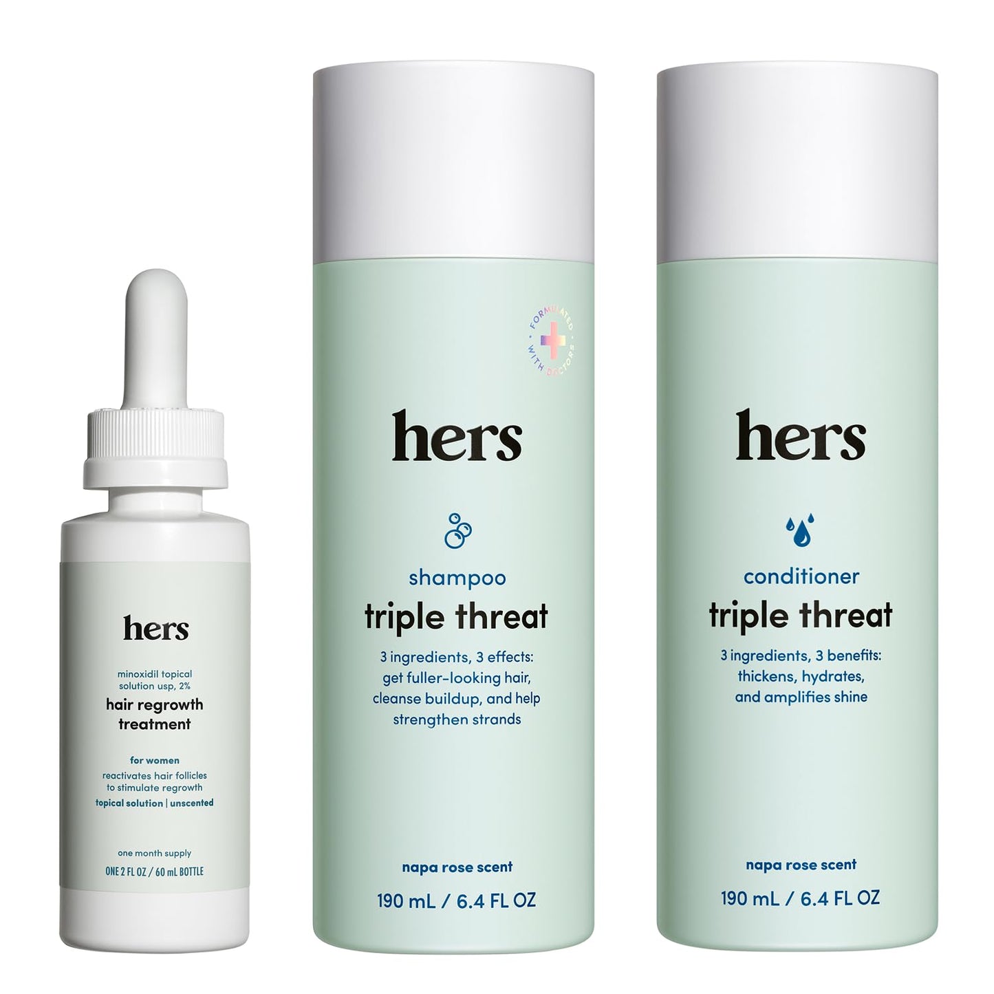 HIMS and HERS Triple Threat Shampoo - Conditioner and 2% Minoxidil Set - Biotin - Saw Palmetto and Pumpkin Seed Oil - Regrowth for Women - Color-Safe