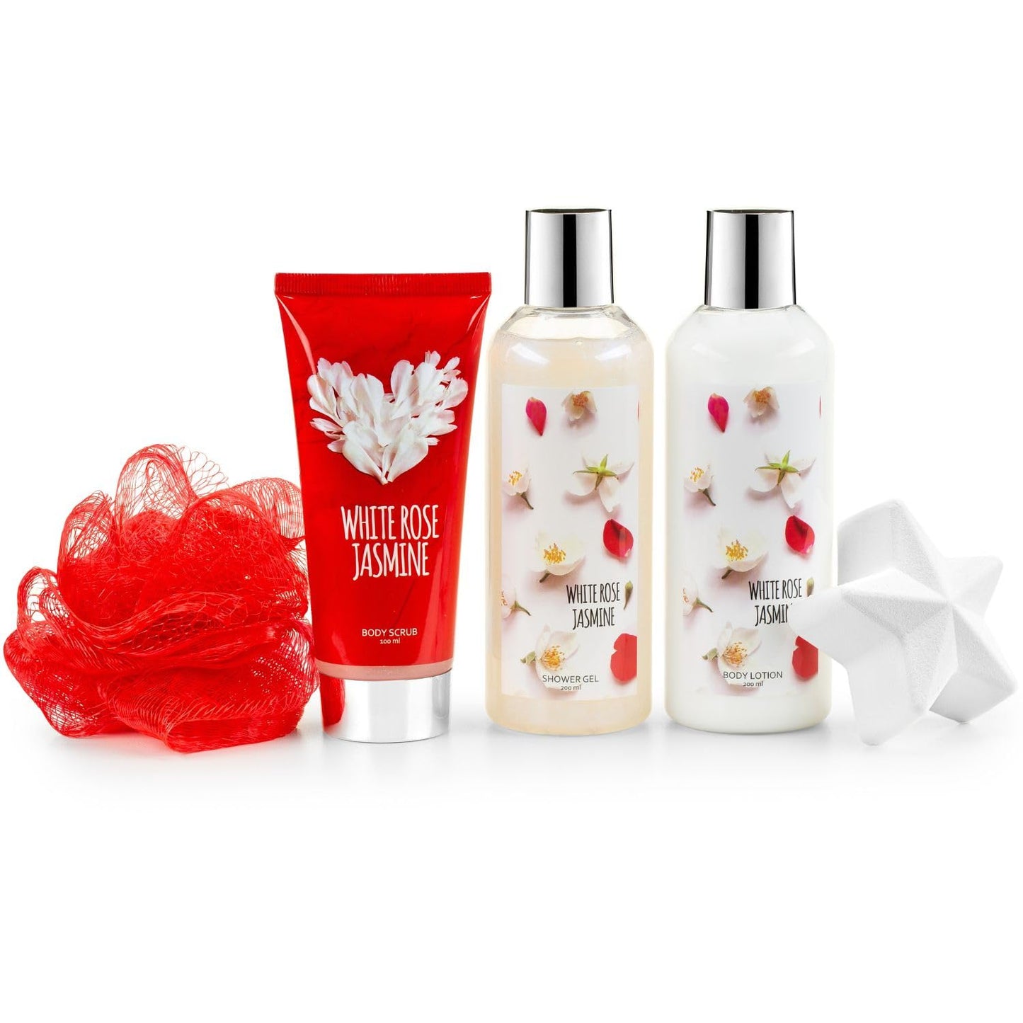 Fragrance Bath & Body Collection Gift Box, Includes Shower Gel, Body Lotion, Body Scrub, Bath Bomb & Sponge (White Rose Jasmine) Beauty and Personal Care Freida and Joe