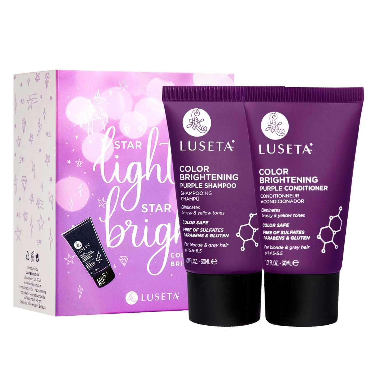 Luseta Color Brightening Purple Travel Shampoo and Conditioner Mini Kit for Blonde, Silver and Gray Hair - Brassiness Neutralizer for Highlighted
