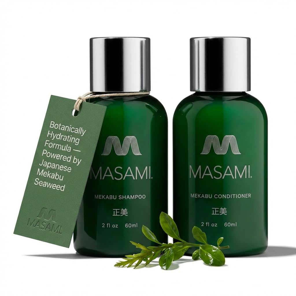 MASAMI Mekabu Hydrating Shampoo and Conditioner Travel Set in Mesh Zipper Pouch, 2 fl oz Each, Vegan Plant-Based Formula for All Hair Types