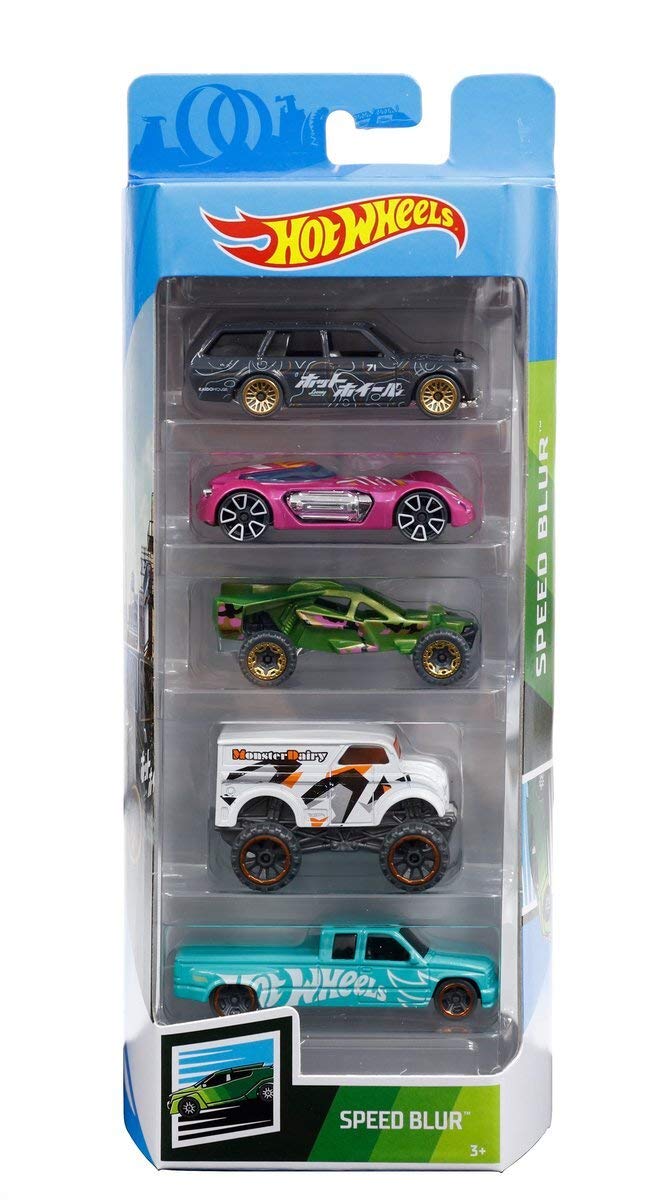 Hot Wheels 2019 Speed Blur 5-Pack (1971 Datsun 510 Wagon, Dodge XP-07, Team Corkscrew, Monster Dairy Delivery, Custom C3500)