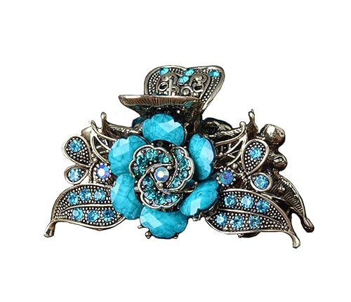 Women Retro Rose Flower Hair Claw Imitation Turquoise Fancy Jaw Clips Pins Fashion Alloy Rhinestone Hair Catch Barrette Hair Updo Grip Hair