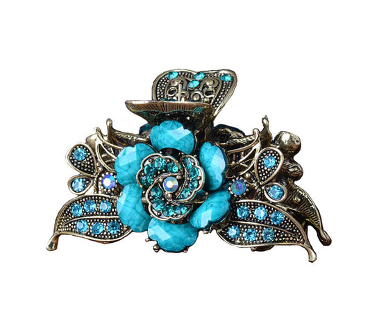 Women Retro Rose Flower Hair Claw Imitation Turquoise Fancy Jaw Clips Pins Fashion Alloy Rhinestone Hair Catch Barrette Hair Updo Grip Hair