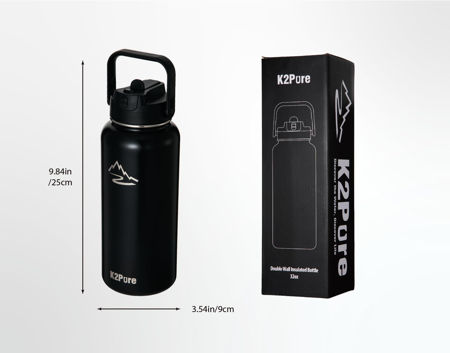 K2Pure Double Wall Stainless Steel Water Bottle 32oz - Durable Design & Strap for Easy Carrying, Stay Hydrated, Perfect for gym sessions, hikes