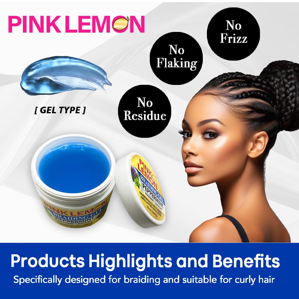 PINK LEMON Braiding Gel Peppermint - Maximum Hold, No Flaking, Long Lasting Hold, High Shine. For Micro, Inter, Dread, Faux, Loc, Twist, Braid, Edge
