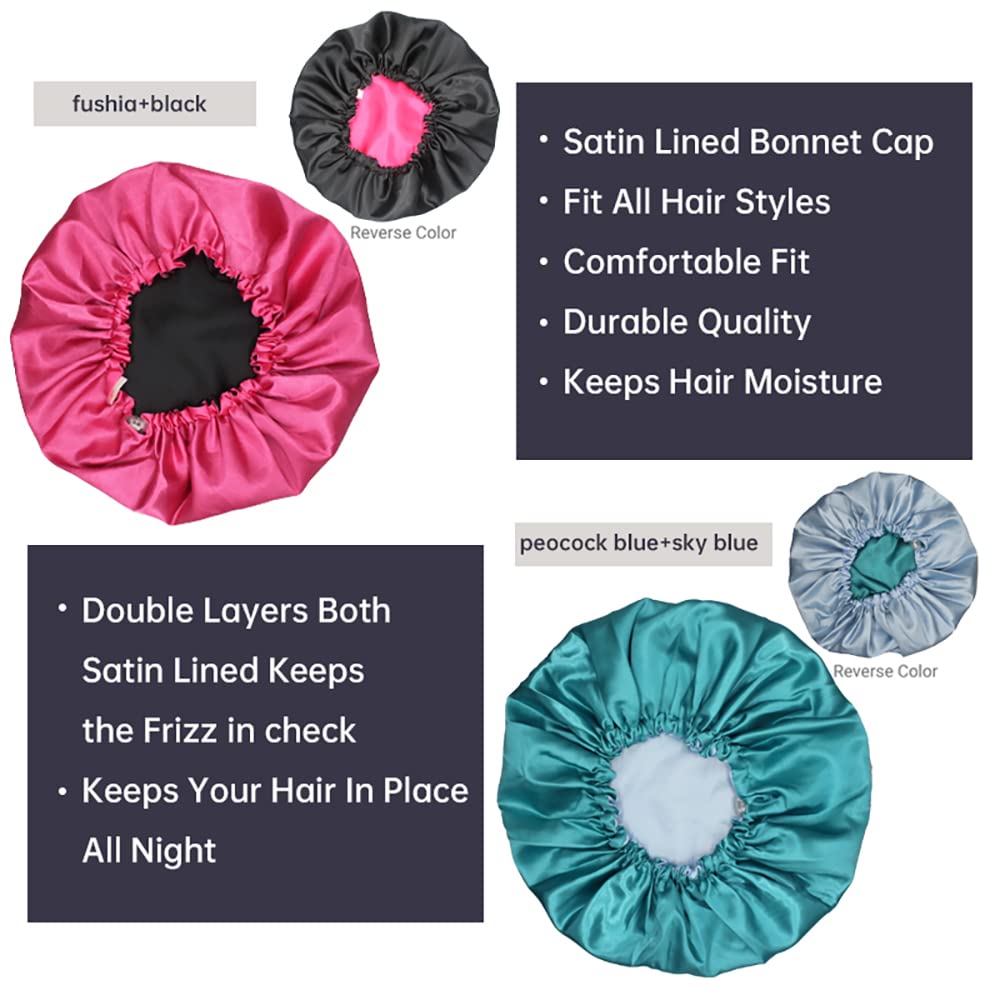 Hanbertti 2pcs of Satin Sleep Bonnet with Adjustable buckle, Silk Bonnet, Reusable Bath Hair Cap for Night Sleeping Reversible Double Layer (Fushia