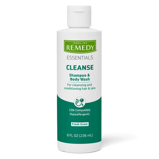 Medline Remedy Essentials Shampoo and Body Wash (8 fl oz), Fresh Scent, Full Body Cleanser with Aloe, For Adults & Elderly, Easy Rinse Gel for Bath Beauty & Personal Care Medline