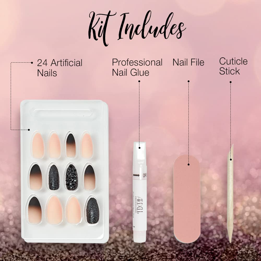 Ardell Nail Addict Premium Press On Nails - 24 False Nails Black Stud & Pink Ombre Jeweled and Matte, Reusable Artificial Acrylic Nail Kit for Diy Beauty & Personal Care Ardell