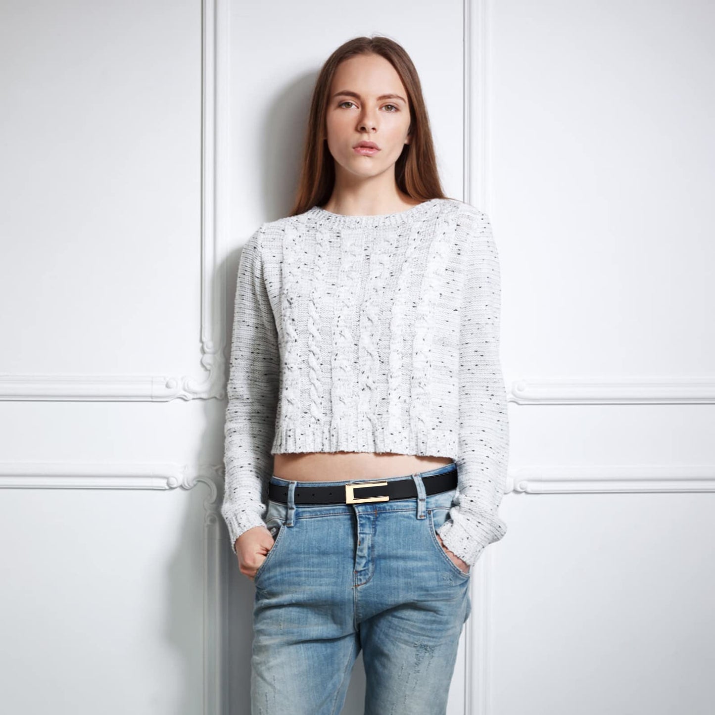 gingokuo Womens Genuine Leather Belt for Jeans Pants Ladies Casual Skinny Waist Dresses Belt BlackKhaki 30