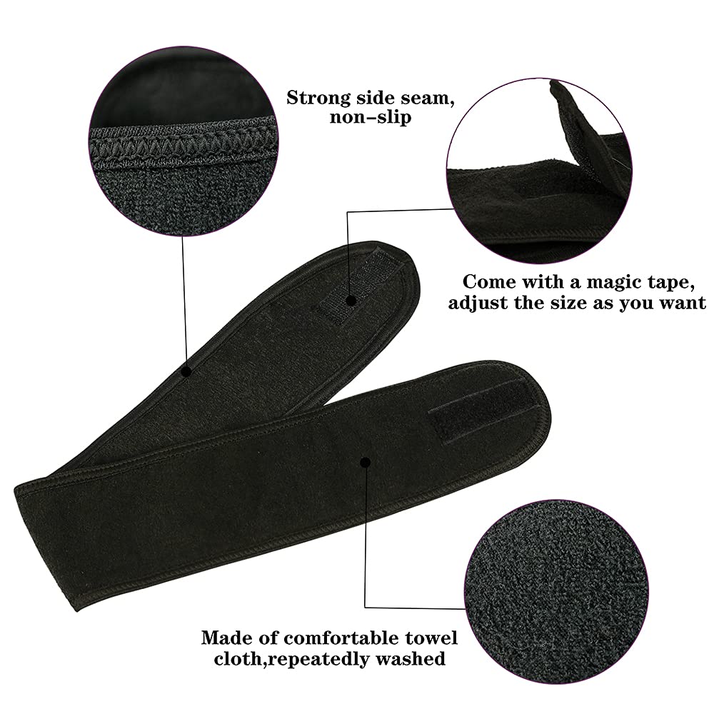 Facial Spa Headbands 4PCS, Makeup Shower Bath Wrap Sport Headband Terry Cloth Stretch Towel with Magic Tape (Black)